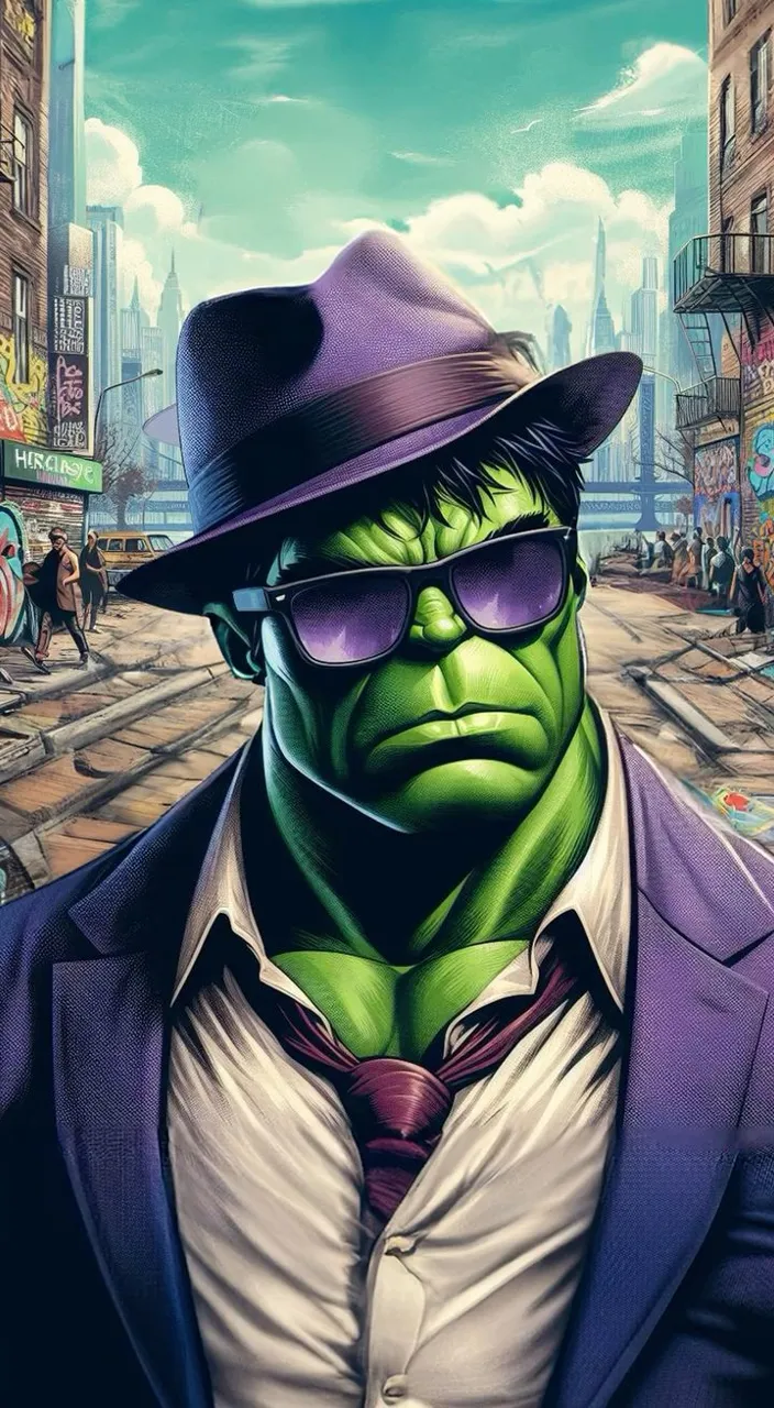 ChatGPT

Uploaded image
According this pic give me promte to generate video
ChatGPT
Sure, here is a prompt you can use to generate a video based on this image:

"Create a video featuring the Hulk in a noir-style setting, where he is dressed in a purple suit, fedora, and sunglasses, similar to the uploaded image. The video should show him walking through a gritty, graffiti-covered urban street with towering buildings and cityscapes in the background. Include moments where he interacts with the environment, like tipping his hat to passersby, leaning against a wall, or looking thoughtfully into the distance. The atmosphere should have a mix of comic book vibrancy and classic film noir elements, with a jazzy background score to match the mood."

