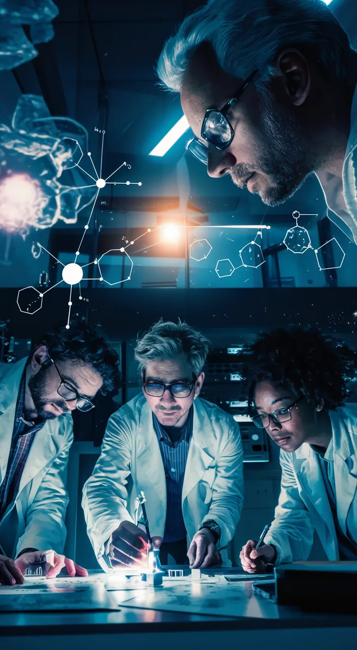 a group of men in lab coats looking at a computer screen