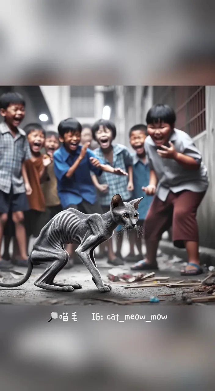 a group of children standing around a cat statue