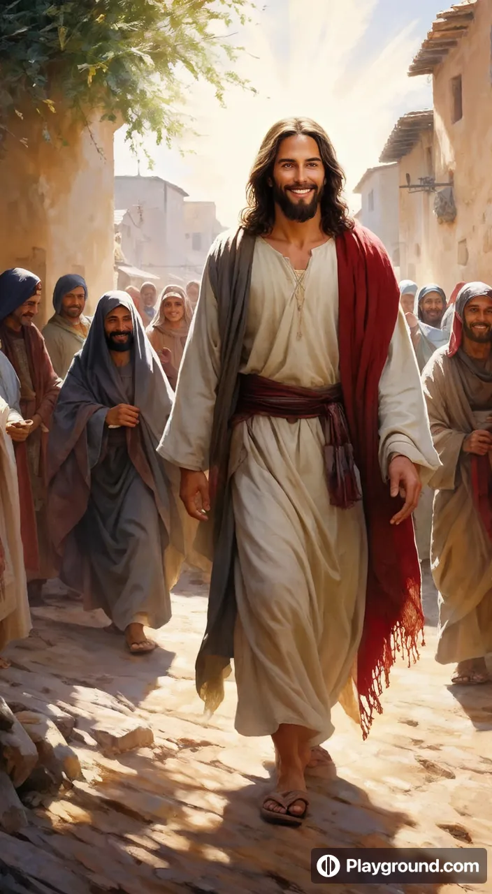 a painting of jesus walking through a village