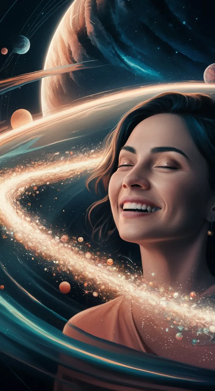 a painting of a woman smiling in space