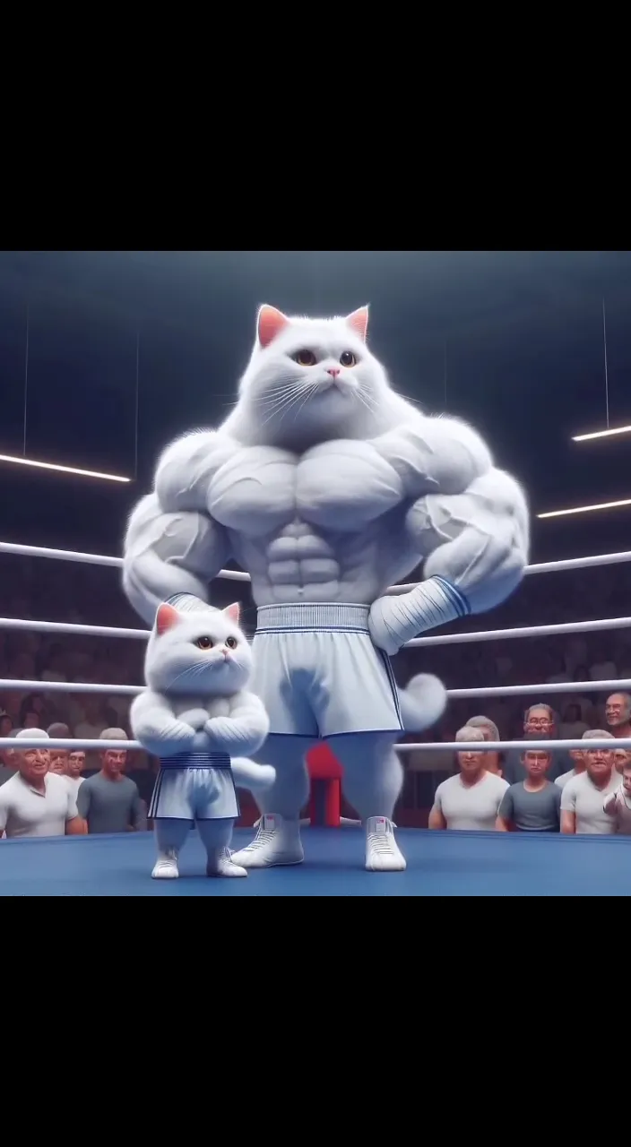 a cat standing next to a stuffed animal in a boxing ring