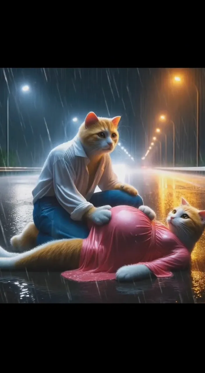 a cat sitting on top of a red object in the rain