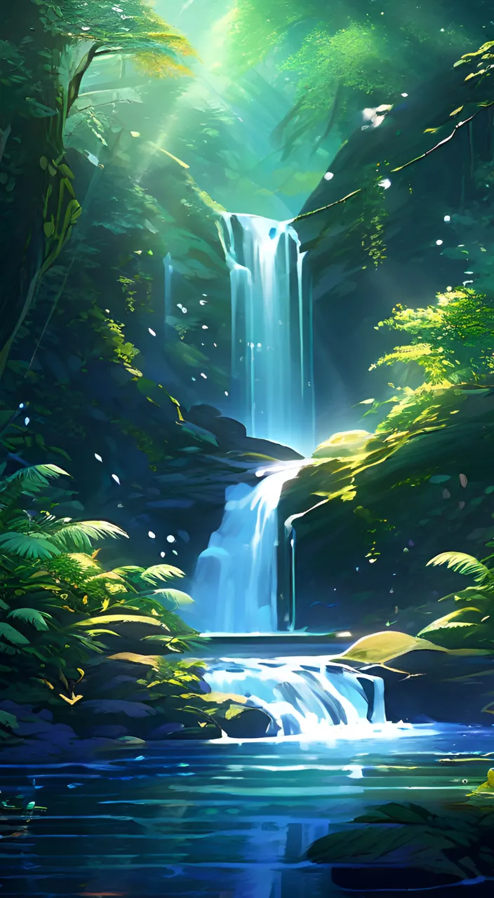 a painting of a waterfall in the middle of a forest