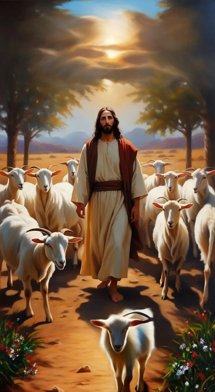 a painting of jesus in the middle of a herd of sheep