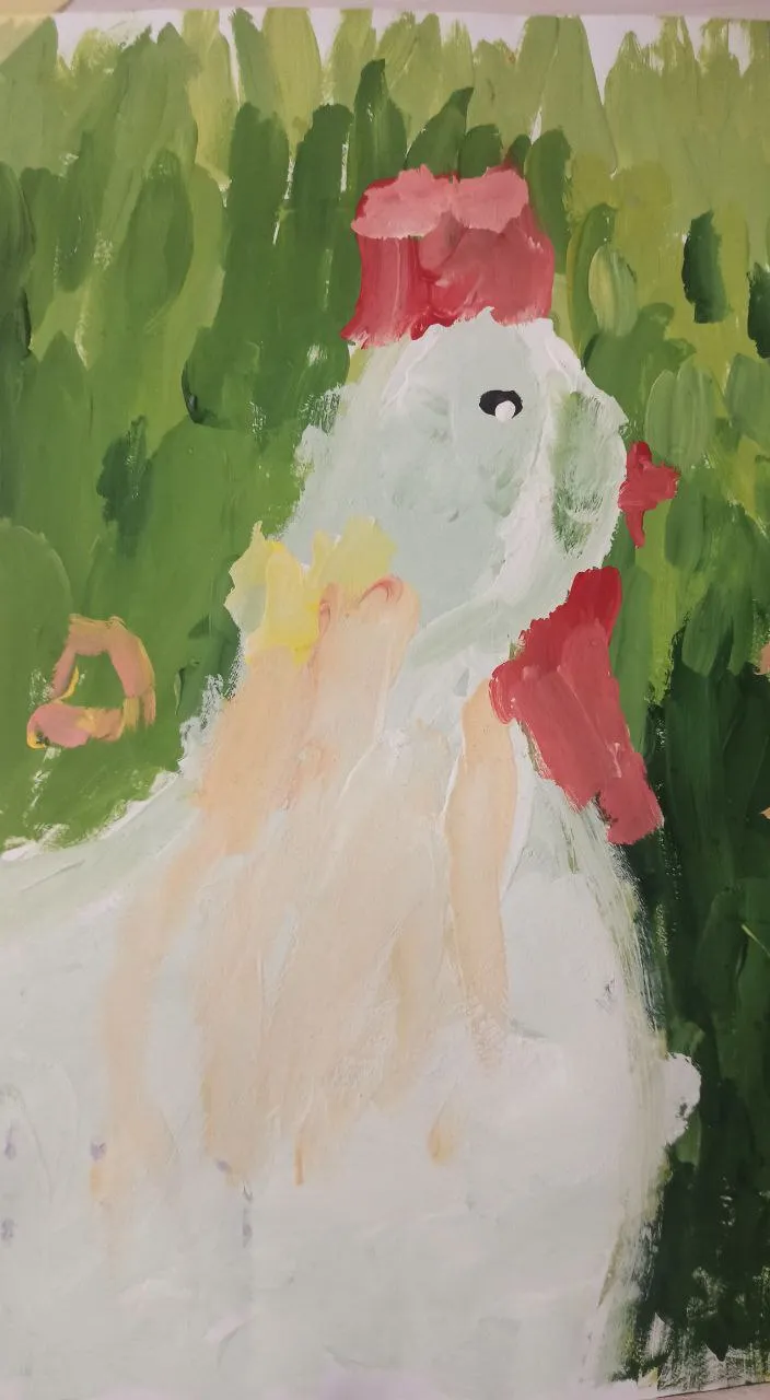 a painting of a chicken in a field of grass. NOT ugly, deformed, noisy, blurry, distorted, out of focus, bad anatomy, extra limbs, poorly drawn face, poorly drawn hands, missing fingers