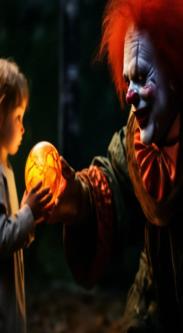 a boy and a clown holding a glowing ball