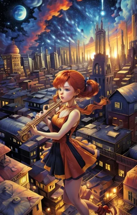 a painting of a girl playing a trumpeton a rooftop with the city behind her on a starry night standing on a roof.