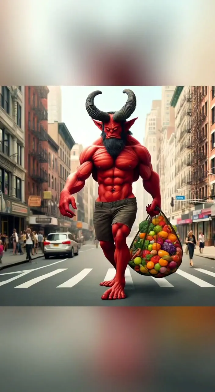 a man dressed as a demon carrying a bag of fruit