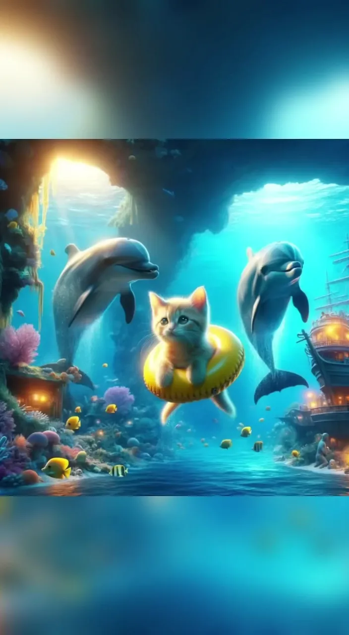 a painting of dolphins and a cat swimming in the ocean