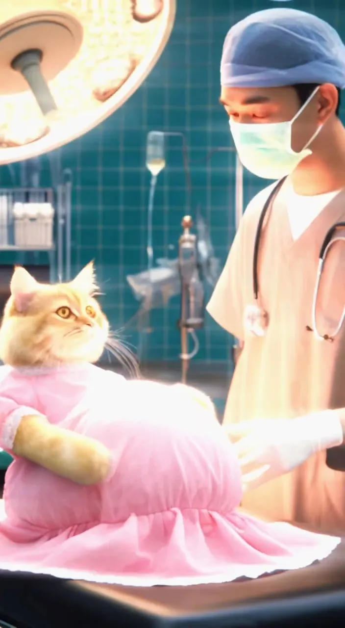 a cat in a pink dress being examined by a vet