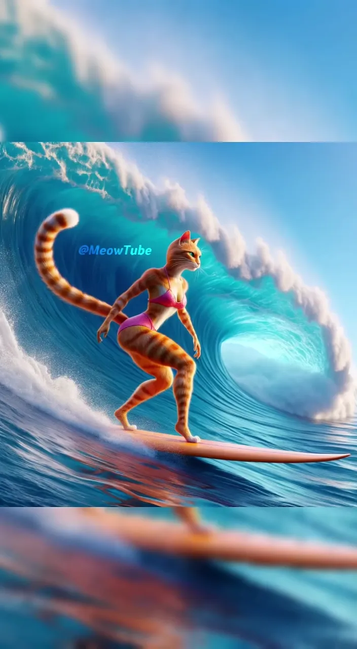 a picture of a cat riding a surfboard on a wave