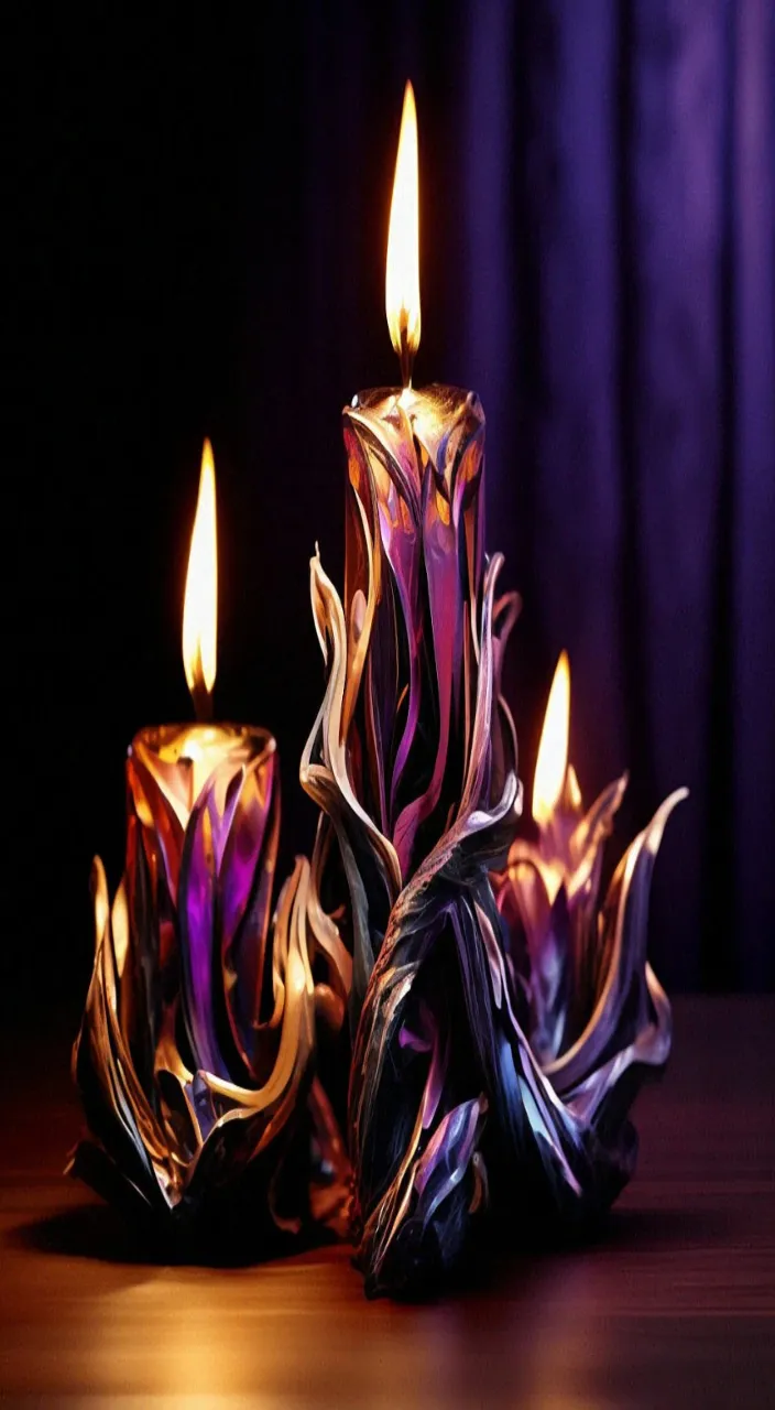 a close up of three candles on a table