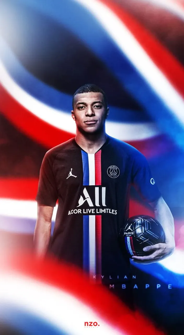 Mbappe holding a soccer ball in front of a british flag