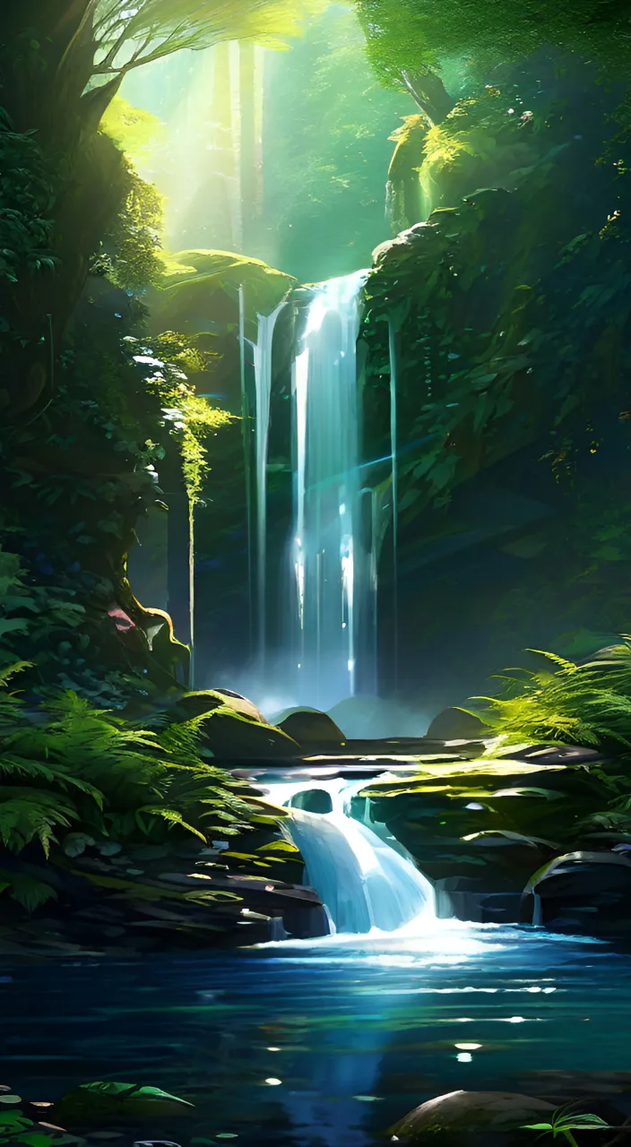 a painting of a waterfall in the middle of a forest