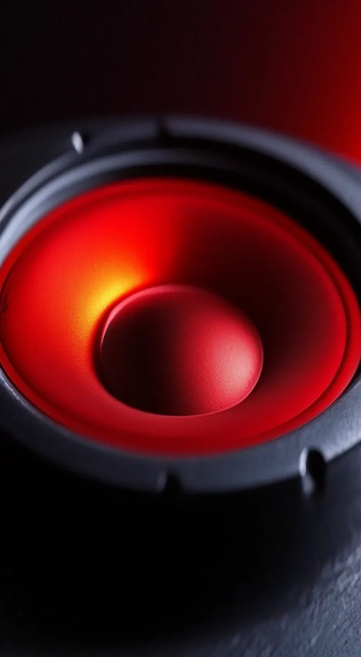 Close up of speaker membrane vibrating to music, with electric waves pulsing through the velvet texture, in high definition