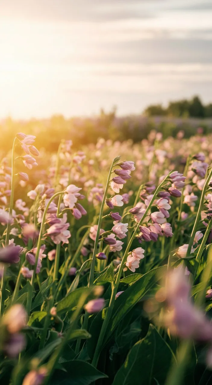 The camera pans out to reveal a breathtaking landscape filled with fields of blooming flowers, swaying gently in the breeze, as the sun casts a warm, golden glow over the scene, symbolizing the beauty and abundance of nature's cycles.