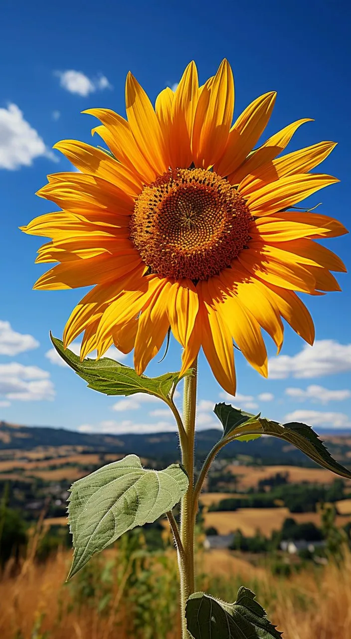 a large sunflower in a field with a blue sky in the background