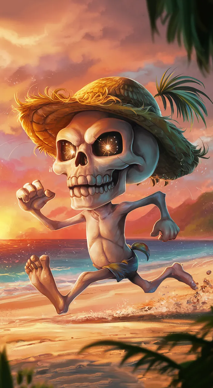 a skeleton running on the beach with a hat on