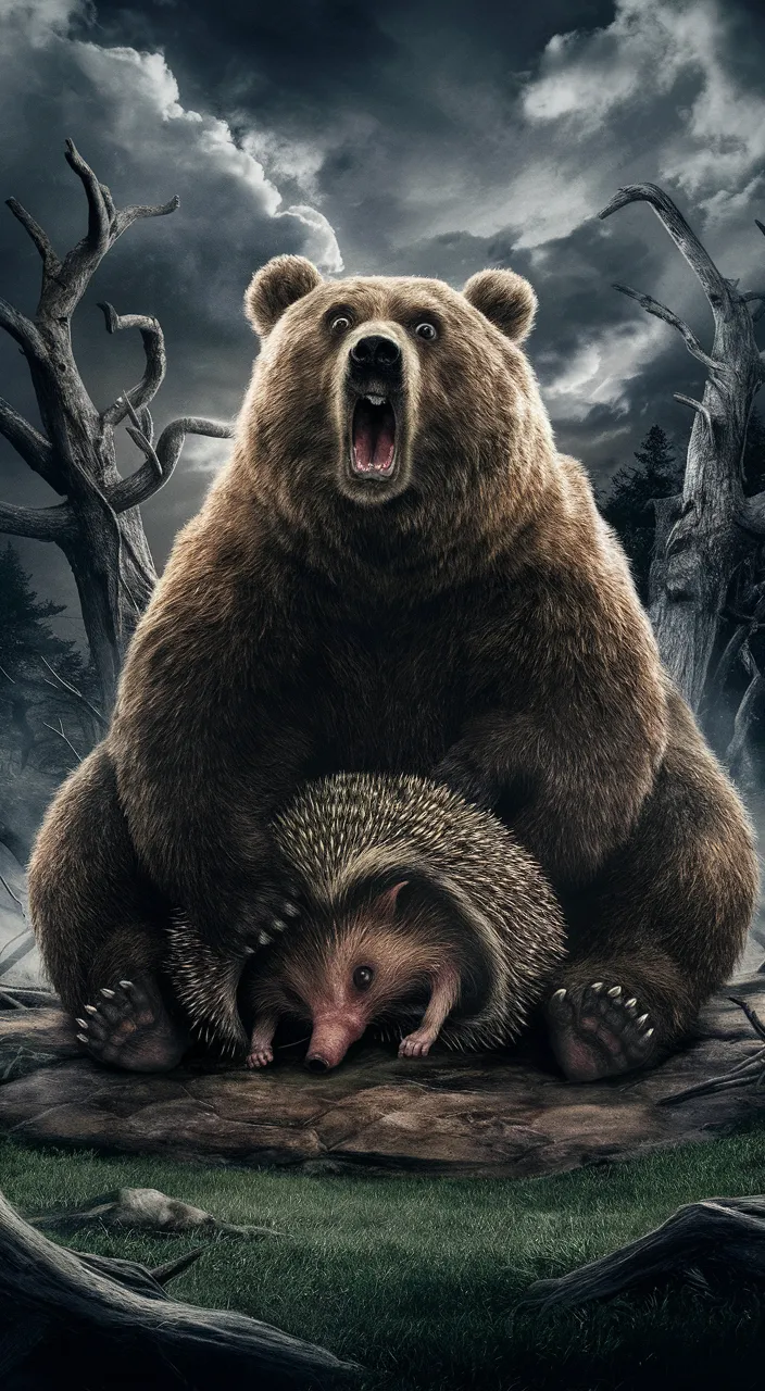 a bear and a hedgehog are sitting on a rock the bear scratches his left ear and strokes the hedgehog with his other paw