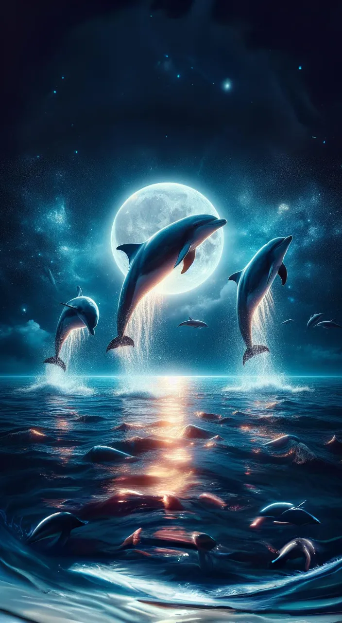 three dolphins jumping out of the water at night