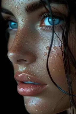 a close up of a woman with blue eyes