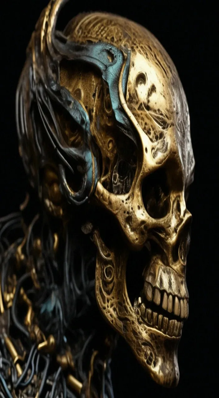 a gold and blue skull statue with a black background