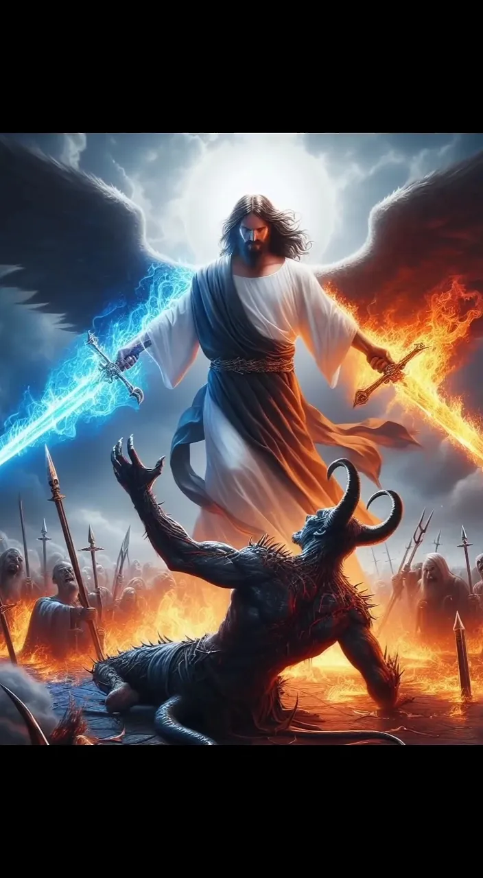 a man with a sword standing next to a demon