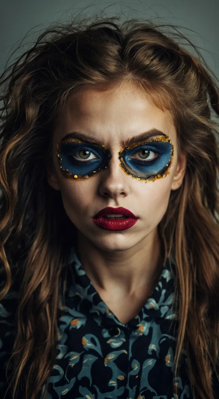 a woman with blue and gold face paint