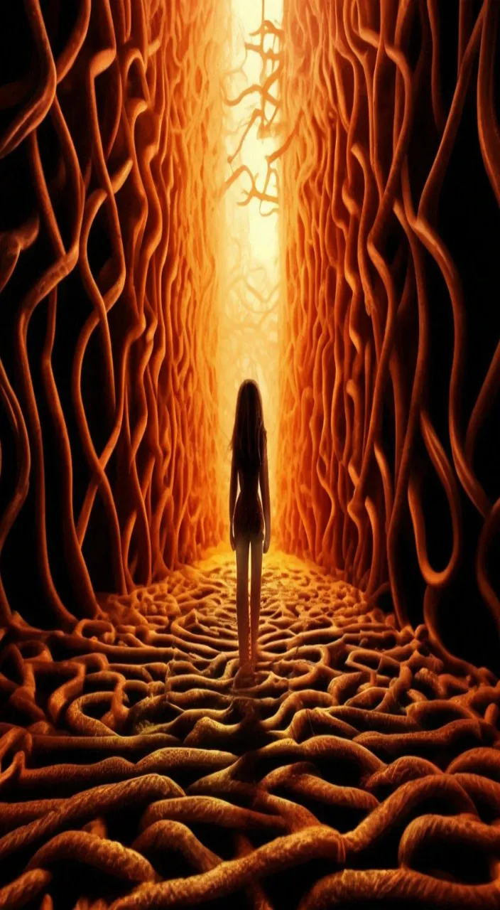 a woman standing in a tunnel with a light at the end