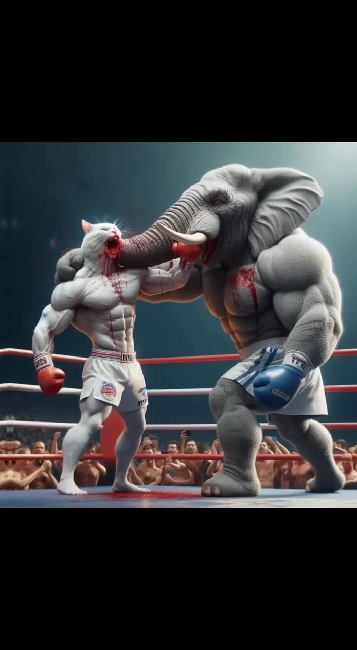 Elephant on chair in a low-lit boxing ring, framed by contrasting colors of red and blue