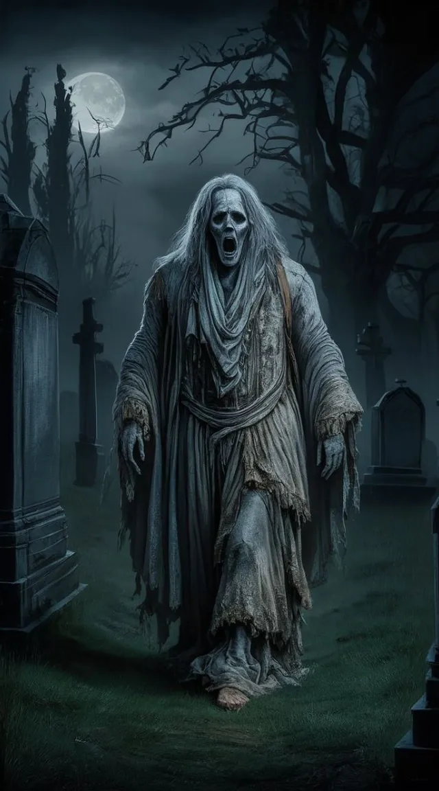 a creepy ghost walking through a cemetery at night