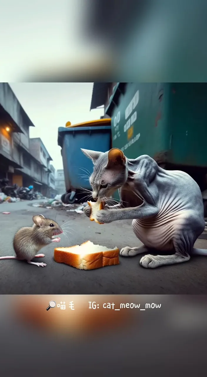 a cat and a rat eating bread on the street