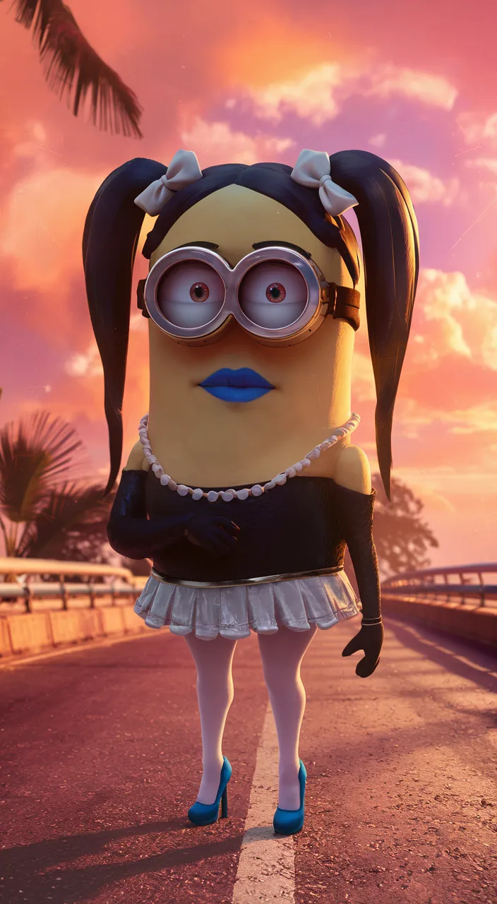 A woman in a minion costume stands on the side of the road, waving her arms and shouting "welcome" 