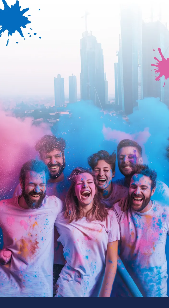 Slow-motion footage of Holi powder exploding into a rainbow burst against a crisp white background