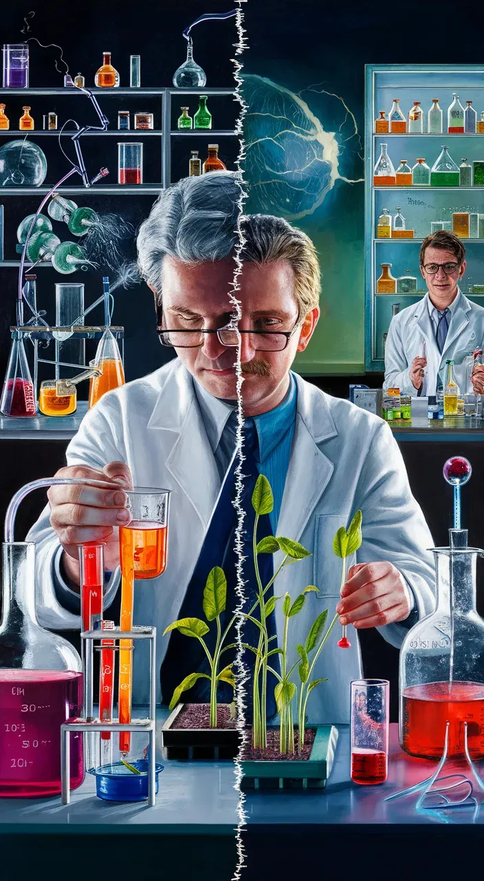 a man in a lab coat holding a plant