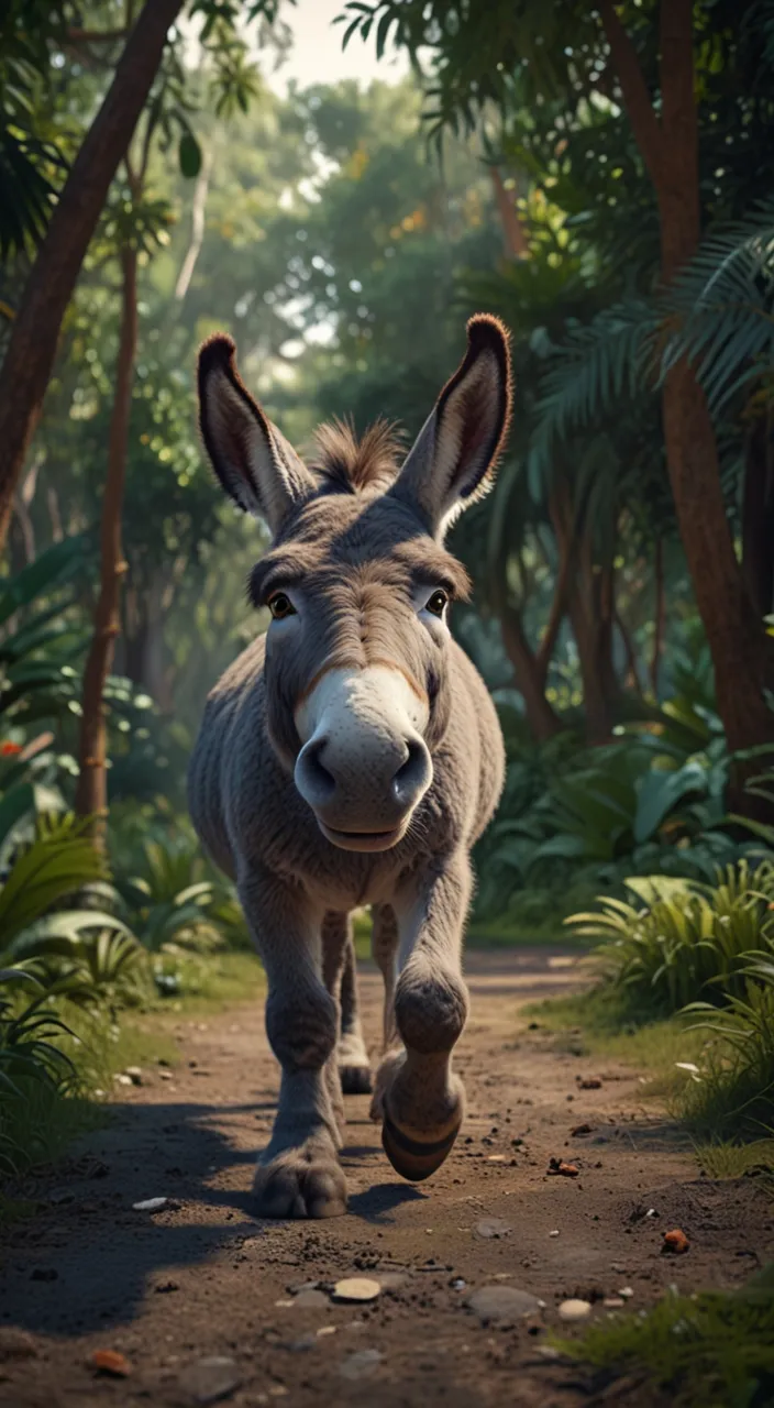 a donkey  has 4 legs running down a dirt road through a forest 