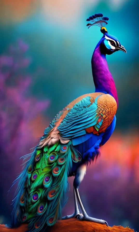 a painting of a peacock standing on a rock