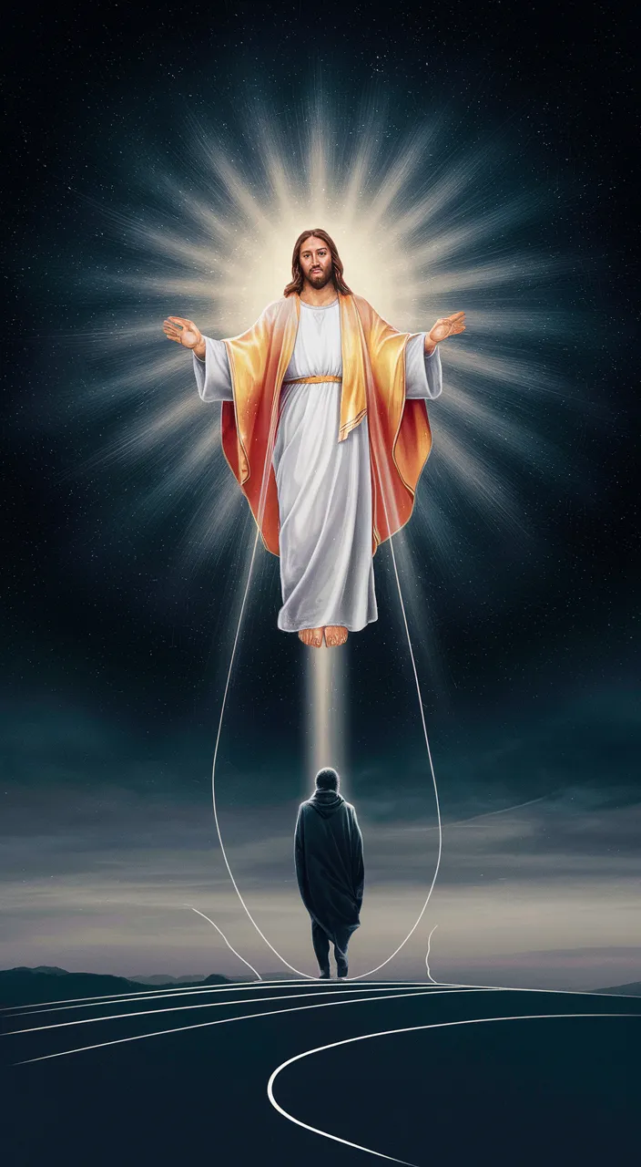 a painting of jesus with his arms outstretched