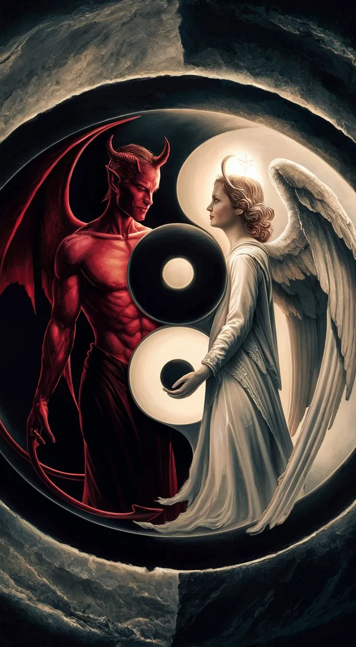 a painting of an angel and a demon