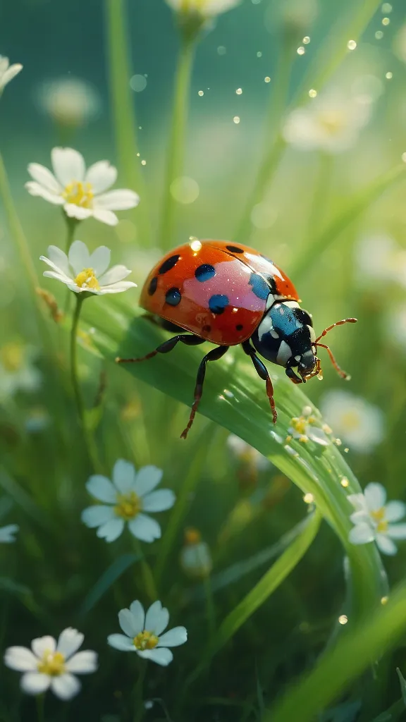 a lady bug sitting on top of a green plant