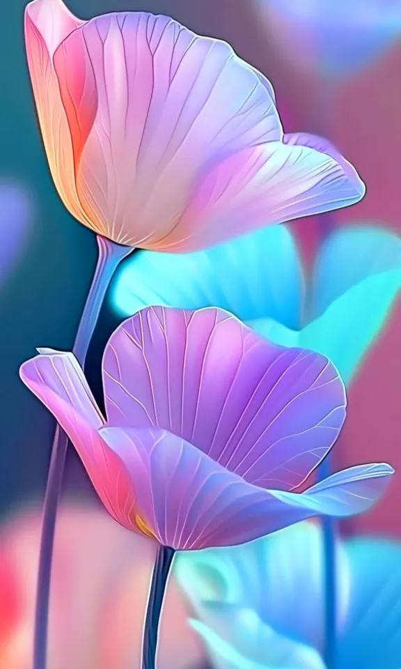 a close up of two pink flowers on a blue and pink background