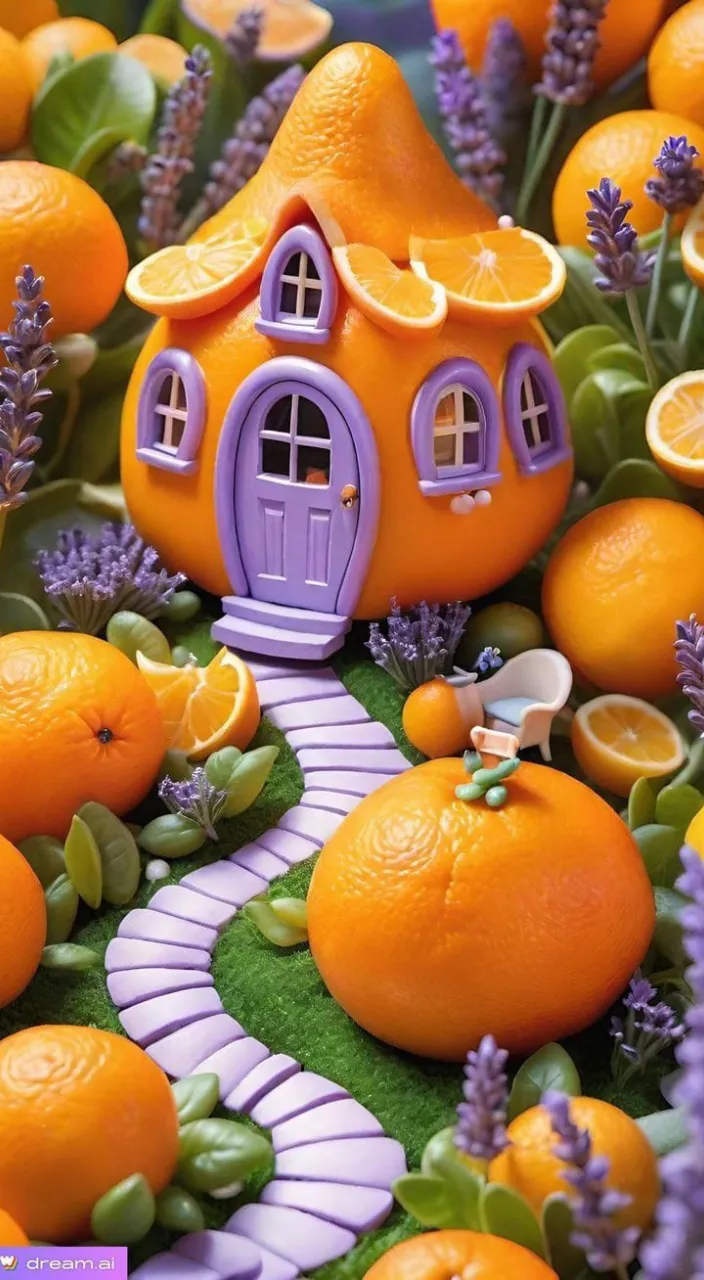 an orange house surrounded by oranges and lavenders