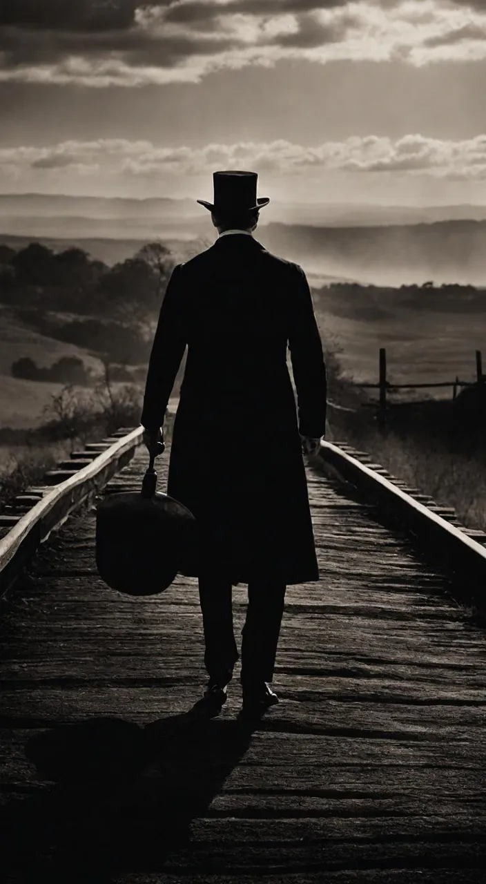 a man in a long coat and top hat walking down a train track