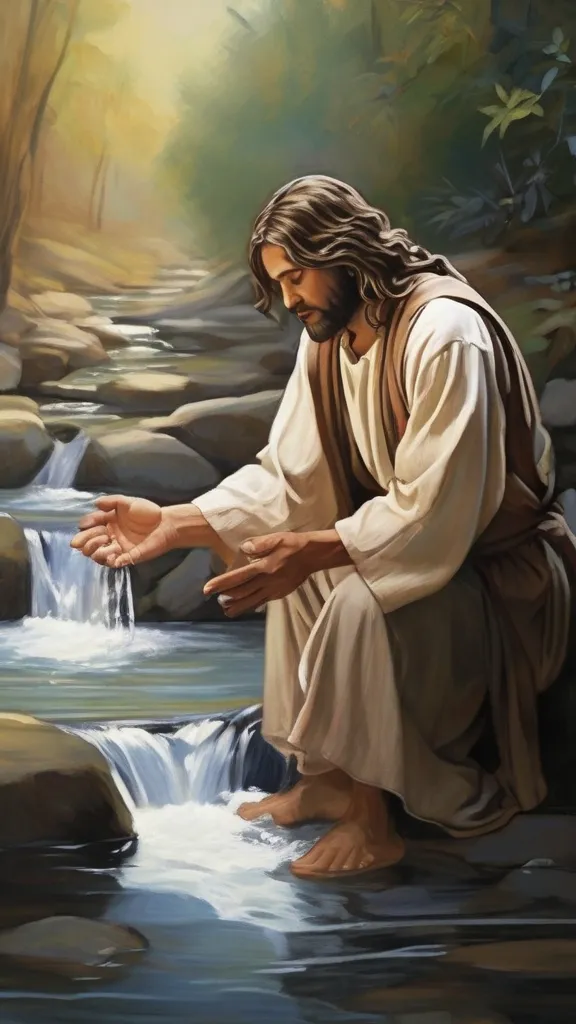 a painting of jesus washing his hands in a stream