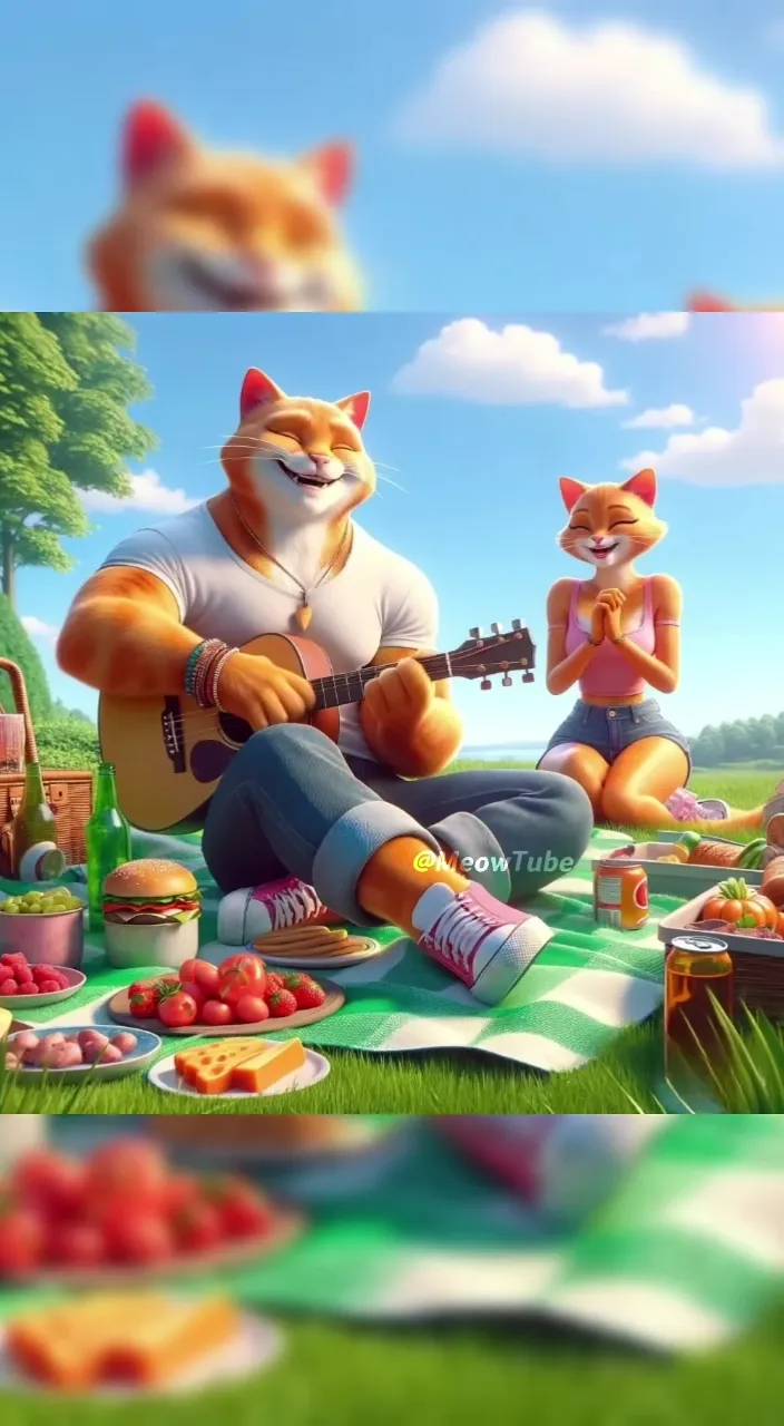 a cat sitting on a picnic blanket playing a guitar