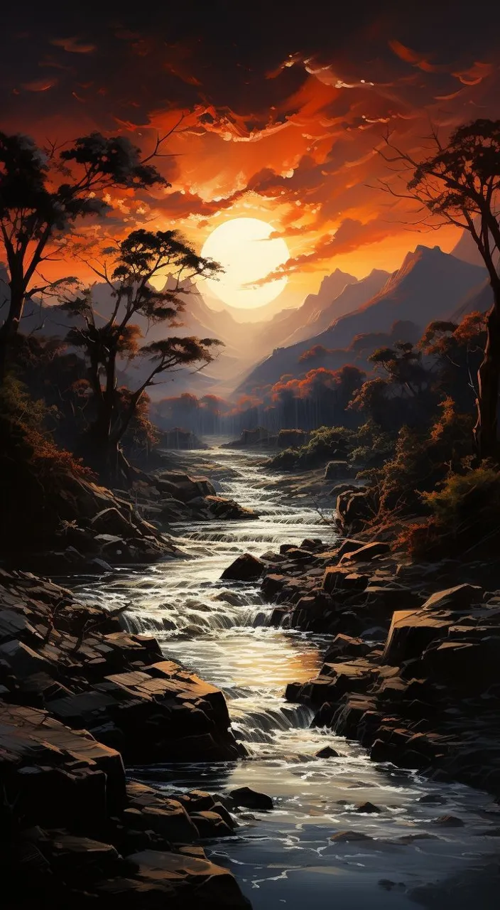 a painting of a river at sunset with mountains in the background