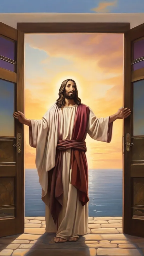 a painting of jesus standing in front of an open door