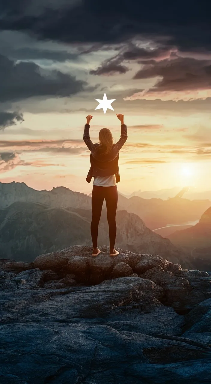 a person standing on top of a mountain holding a star