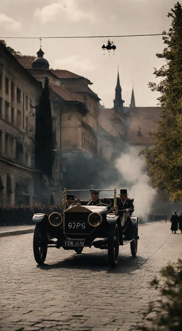 a vintage car driving down a cobblestone street